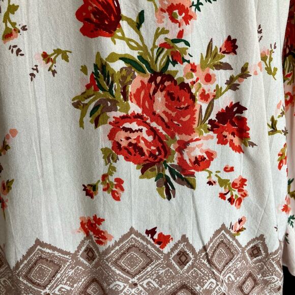 Angie Cream Red Rose Floral Print Tunic Top Flared Sleeves Sz Small Boho Cottage - Picture 6 of 9